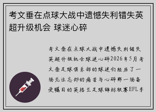 考文垂在点球大战中遗憾失利错失英超升级机会 球迷心碎